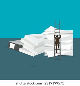Vector businessman going up the ladder over the documents