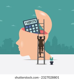 Vector businessman going up stairs to take calculator with profits on display design illustration