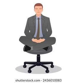Vector of businessman in gray suit meditating happy face on the working chair in office isolated on white background
