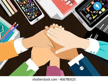 Vector Businessman hand contact work to achieve success on a mobile tablet to communicate together flat design