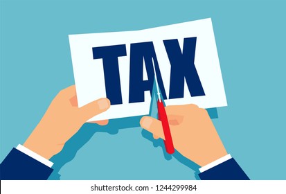 Vector Of A Businessman Hand Cutting Word Tax With Scissors. Business Finance Concept