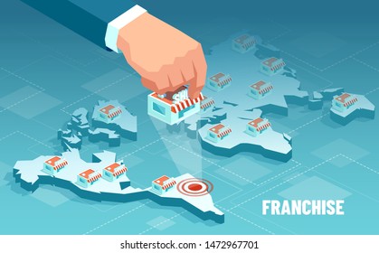 Vector of a businessman hand expanding brand store network on world map. Franchise business concept.