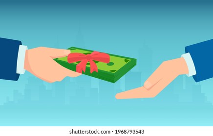 Vector of a businessman hand giving banknotes cash with reward ribbon to an employee