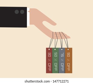 Vector of Businessman hand hang with discount tag