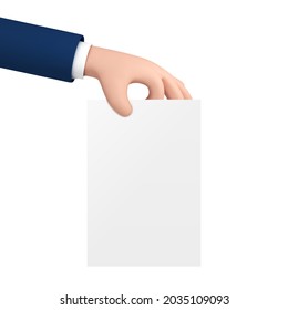 Vector сartoon businessman hand holding blank white paper.