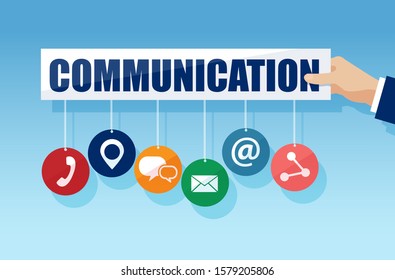 Vector of a businessman hand holding contact us symbols, call us icons. 