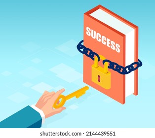 Vector of a businessman hand holding a key to unlock a success book with lock. Key to success and education concept.