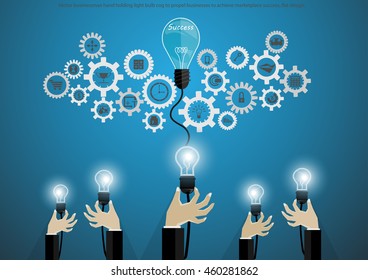 Vector businessman hand holding light bulb cog to propel businesses to achieve marketplace success, flat design.