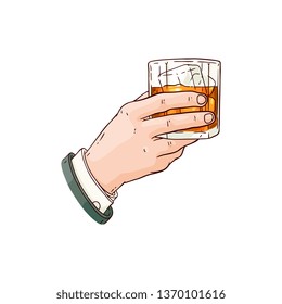 Vector businessman hand holding whiskey or rum glass with ice cubes sketch icon. Alcohol drink cup for luxury celebration or product advertising design. Party drink shot with orange liquid
