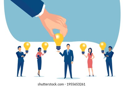 Vector of a businessman hand picking idea light bulb from one of the company employees 