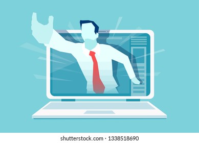 Vector of a businessman hand reaching out of the screen offering a help. Online customer service assistance concept