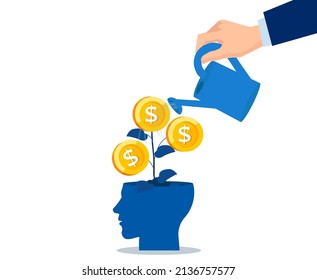 Vector of a businessman hand watering a money tree growing inside an investor head