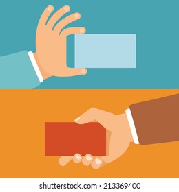 Vector businessman hands holding id cards in flat style - paper business cards