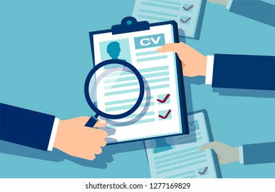 Vector of a businessman hands holding a magnifying glass reviewing papers with candidates information having interview