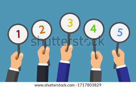 Vector businessman hands with rating plates. Votes concept. Disagree, agree or dislike, like feedback.