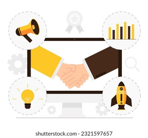 Vector businessman handshake for merger teamwork and business negotiation. Businessmen shaking hands with partner for business deal