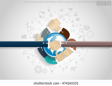 Vector businessman handshake with success.icon, world, flat design