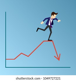 Vector businessman has problems with business or with career. He is teetering  on the  arrow of the graph and looking down. The arrow pointing down.