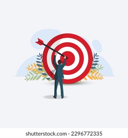 Vector businessman hitting arrow to target. Business goal achievement illustration