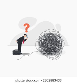 Vector businessman hold magnifying glass looking at big scribble roll. Businessman looking for the source of the problem, problem solving concept illustration