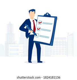 Vector Of A Businessman Holding Clipboard With Checklist