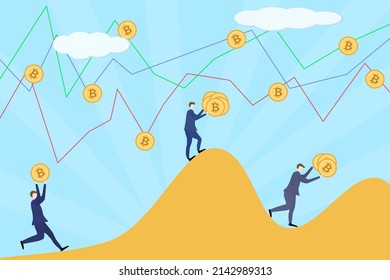 Vector - Businessman holding cryptocurrency Bitcoin walk on hill up and down. Chart stock on blue sky background. Business, investment, economy, trading concept.