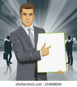 Empresario vectorial con cartón de escritura vacío en sus manos