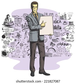 Vector businessman holding empty write board in his hands