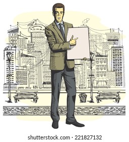 Vector businessman holding empty write board in his hands