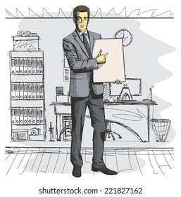 Vector businessman holding empty write board in his hands
