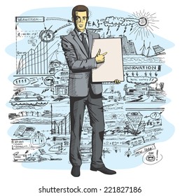 Vector businessman holding empty write board in his hands