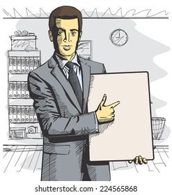 Vector businessman holding empty write board in his hands