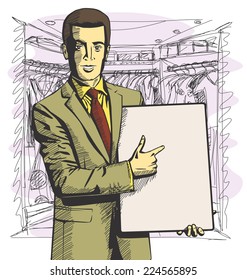 Vector businessman holding empty write board in his hands