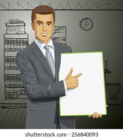 Vector businessman holding empty write board in his hands