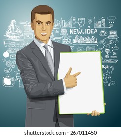 Vector businessman holding empty write board in his hands