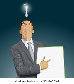 Vector businessman holding empty write board, looking up, looking for idea, 