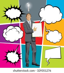 Empresario vectorial sostiene pizarra vacía, mira hacia arriba, un conjunto de historietas estilo discurso y burbujas de pensamiento