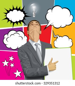 Vector businessman holding empty write board, looking up, set of comics style speech and thought bubbles