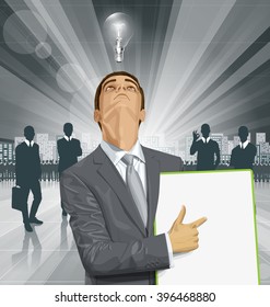 Vector businessman holding empty write board, looking up, looking for idea, 
