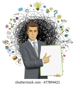Empresario vectorial con cartón de escritura vacío en sus manos