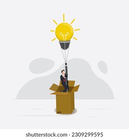 Vector businessman holding flying bulb out from cardboard. Get new creative ideas concept vector illustration