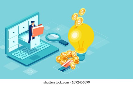 Vector Of A Businessman Holding A Folder With Documents From The Archive Managing Online Digital Database Saving Money To Customers 