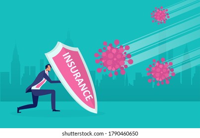 Vector of a businessman holding insurance knight shield to protect from COVID-19 virus