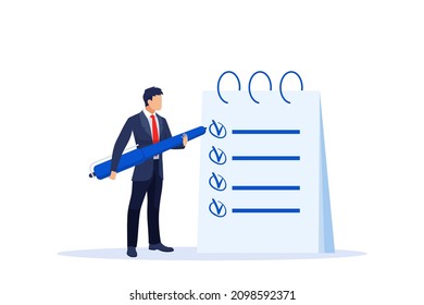 Vector of a businessman holding a large pen standing alongside a clipboard with a to do list with all tasks ticked off as being complete