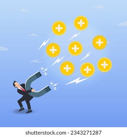 Vector businessman holding a magnet attracts positive symbols design vector illustration