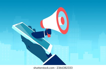 Vector of a businessman holding a smartphone with a megaphone coming out of the screen and making an announcement