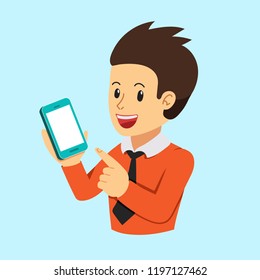 Vector businessman holding smartphone and pointing on the blank screen in cartoon style for design.