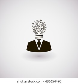 Icono del empresario vector. Hombre con la cabeza hecha de tablero de circuitos en forma de bombilla. Ilustración de concepto de tecnología.