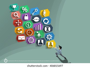 Vector Businessman with icons showing the power of the work of businessmen who are committed to a successful outcome flat design