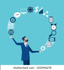 Vector of a businessman juggling business icons. Concept of multitasking in business 